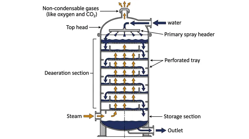 The counter-current flow of steam and water maximizes surface area, forcing dissolved gases out of solution and venting them to the atmosphere.