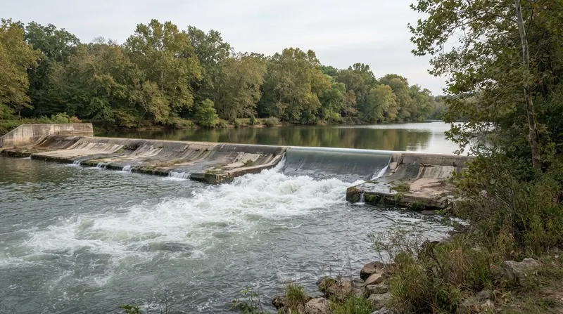 A low-head dam spanning a river, showing smooth water upstream and a turbulent, frothy white boil line immediately downstream.