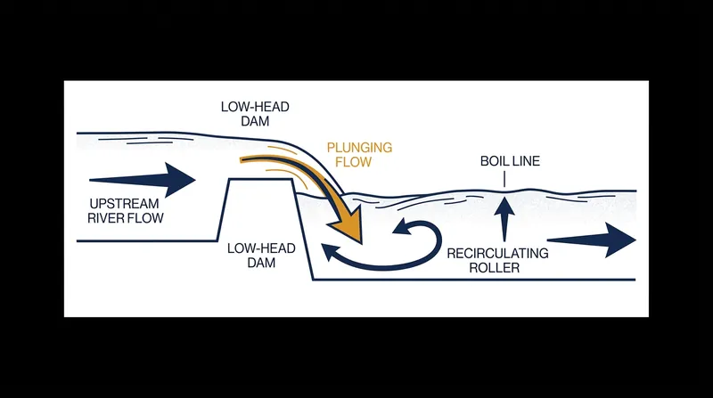 The recirculating roller creates a continuous reverse current that traps objects against the face of the dam.