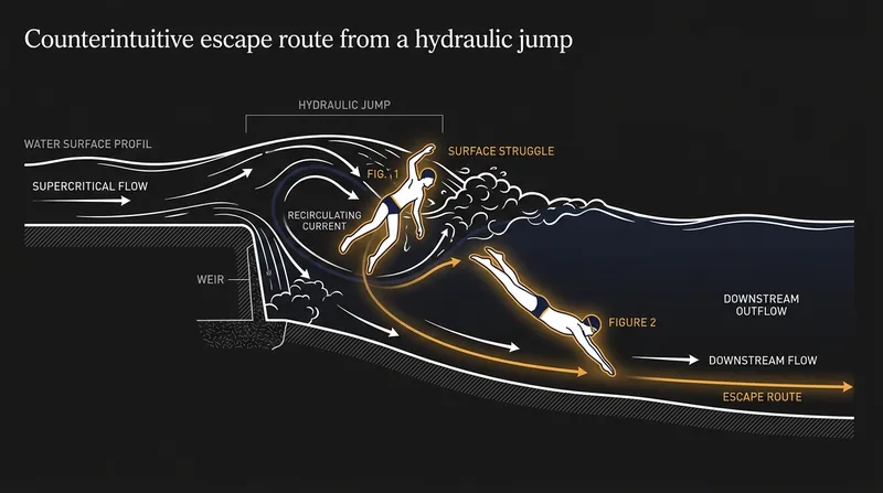 Escaping the hydraulic jump requires diving beneath the reverse surface current to catch the downstream flow.