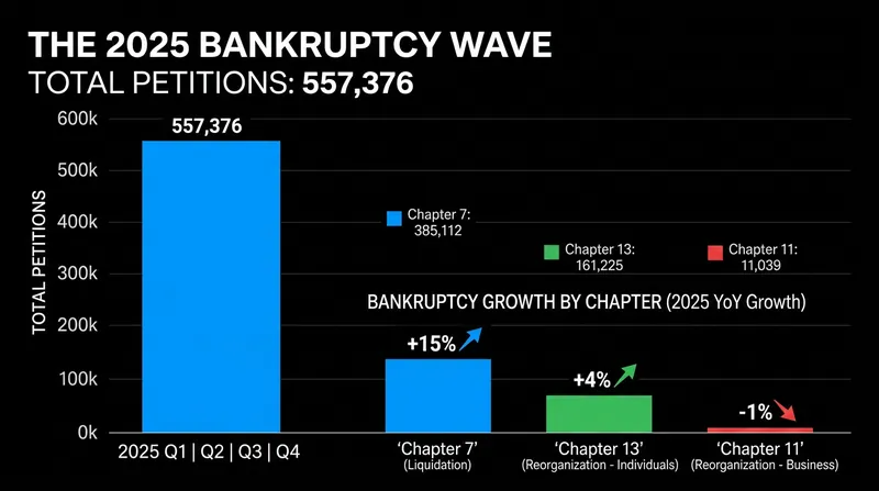Consumer liquidations under Chapter 7 drove the 11 percent rise in bankruptcy filings.