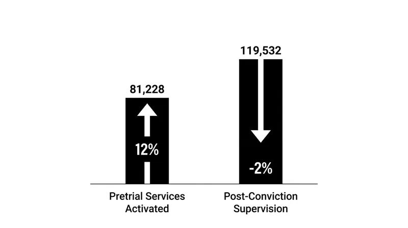 Rising pretrial intake contrasts with a shrinking population under post-conviction supervised release.