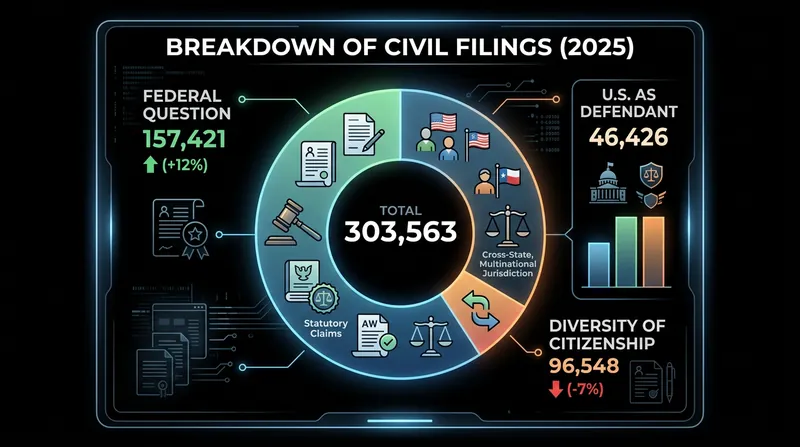 Federal question cases, which involve constitutional claims or federal statutes, saw a 12 percent increase.