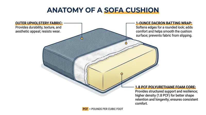 Modern upholstery combines rigid structural foam with soft synthetic batting to balance support and initial comfort.