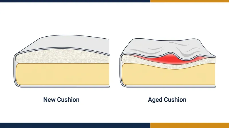 Sagging occurs when the batting permanently flattens, creating a void between the rebounding foam core and the fabric cover.