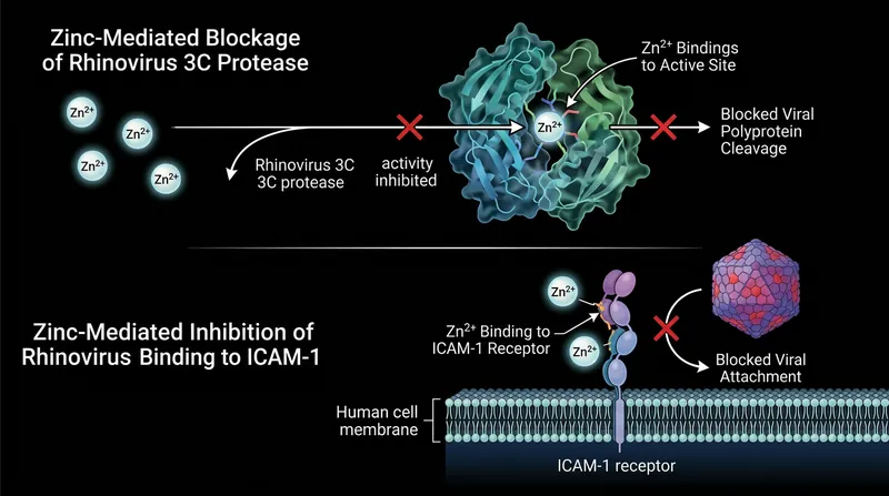 Free zinc ions halt viral replication by disabling the 3C protease enzyme and blocking cellular entry points.