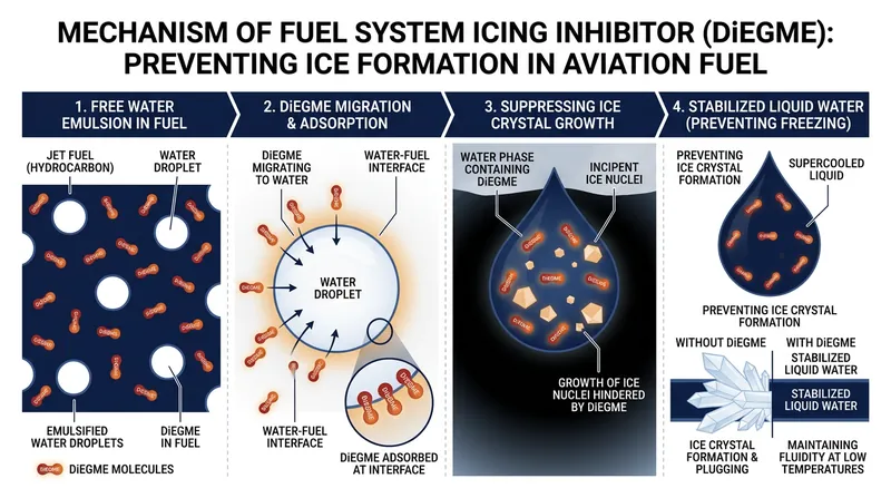 DiEGME molecules migrate into suspended water droplets, depressing their freezing point far below zero.
