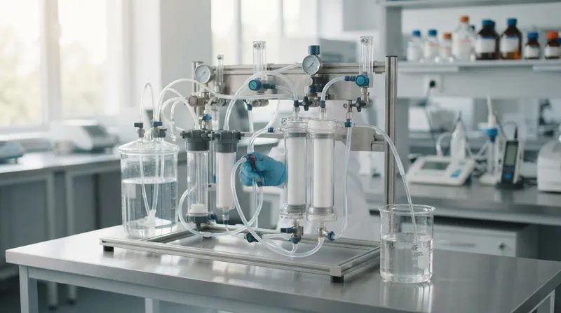 A modern water treatment facility featuring gleaming stainless steel filtration tanks and industrial pipes.