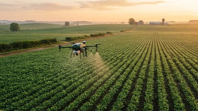 An advanced agricultural drone hovering over a vast green crop field during sunset.