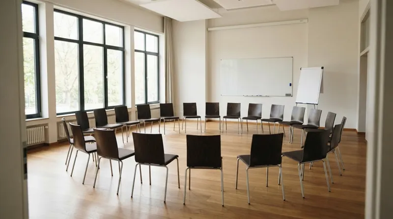 A diverse group of people sitting in a large circle in a bright community hall.