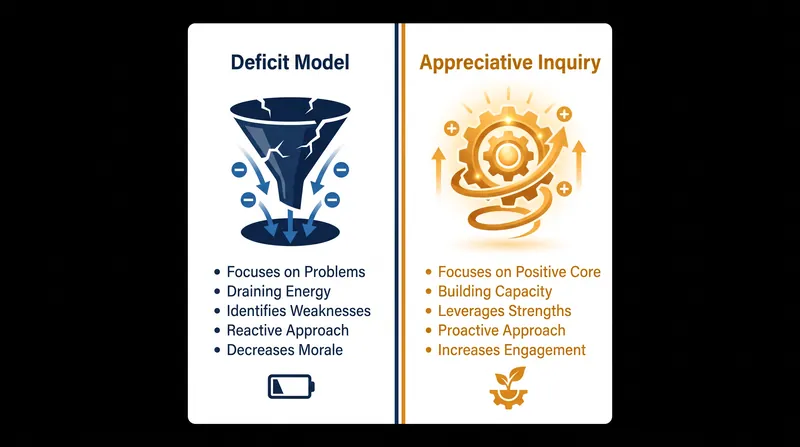 The deficit model focuses on fixing weaknesses, while Appreciative Inquiry focuses on scaling existing strengths.