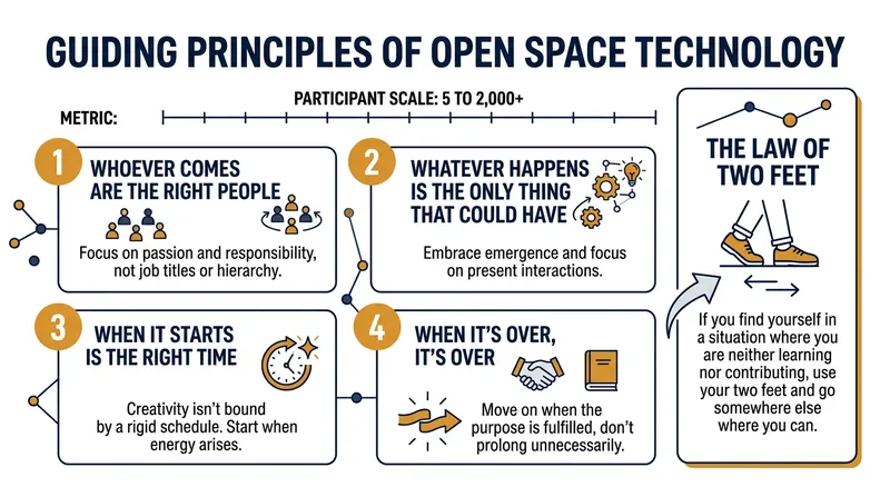 Open Space Technology relies on four core principles to guide participant-driven agenda setting.