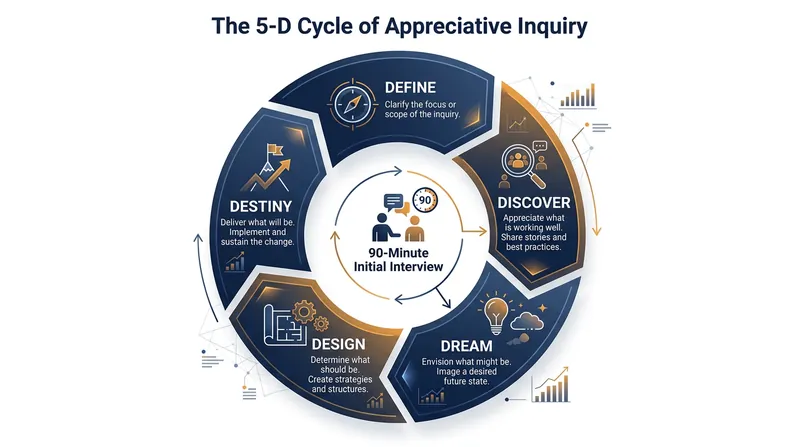 The 5-D cycle of Appreciative Inquiry begins by defining an affirmative topic and discovering peak experiences.