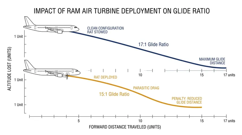 The parasitic drag of the spinning turbine steepens the aircraft's unpowered descent profile.