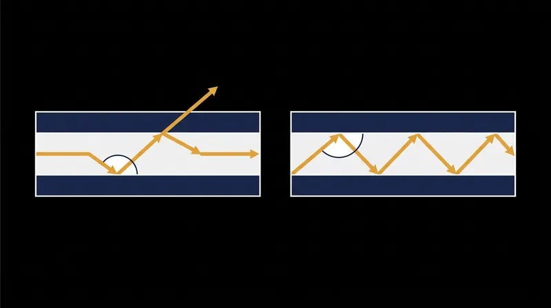 A higher refractive index lowers the critical angle, allowing the waveguide to trap light entering from a wider range of angles.