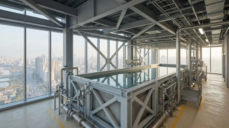 Illustration: Water tanks at the top of a tower provide the necessary damping mass while eliminating the need for heavy crane lifts.