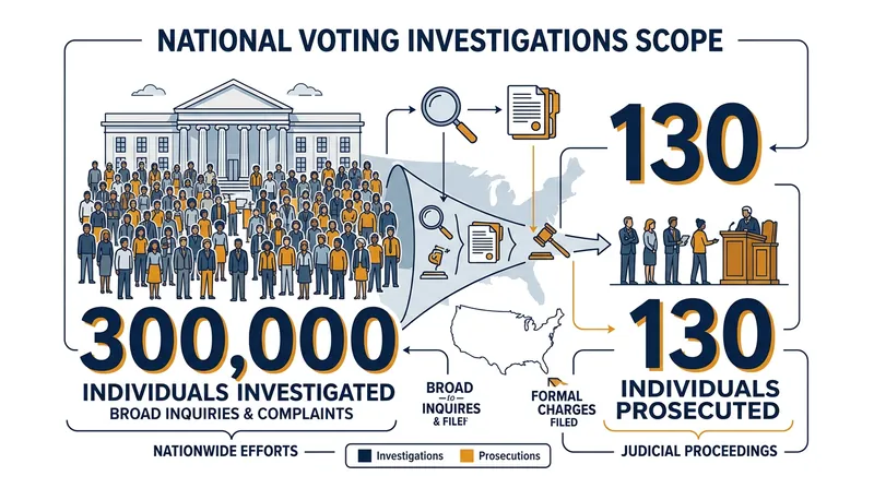 Federal agencies investigated 300,000 individuals nationwide for voting-related misconduct, resulting in 130 prosecutions.