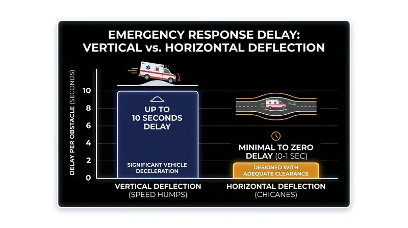 Unlike vertical speed humps, properly designed chicanes allow emergency vehicles to pass with minimal delay.
