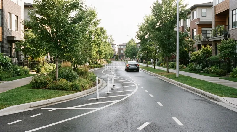Illustration: Cities increasingly use low-cost materials like paint and flexible bollards to test lateral deflection before pouring concrete.