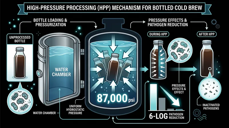 Commercial bottlers use massive hydrostatic pressure to destroy pathogens without altering the coffee's flavor profile.