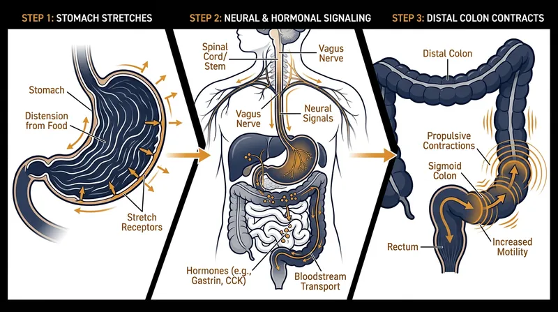 Stretching the stomach triggers a hormonal cascade that forces the distal colon to contract.