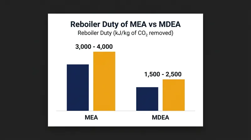 Tertiary amines like MDEA require significantly less thermal energy to regenerate than primary amines.