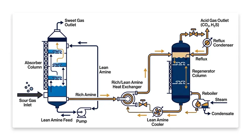 The continuous closed-loop cycle of an amine gas sweetening unit.