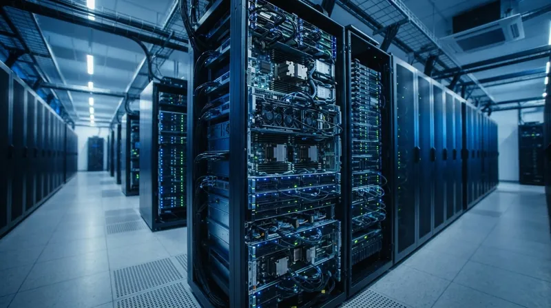 A brightly lit modern data center aisle featuring rows of high-performance computing server racks.