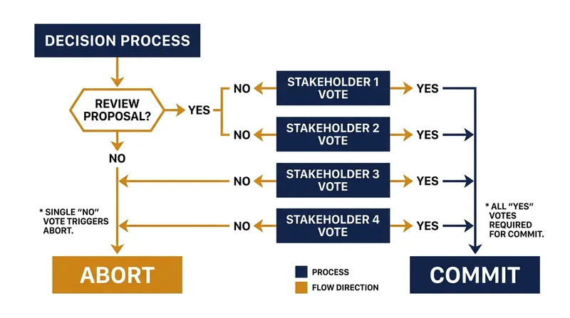 The protocol requires unanimous consent; a single failure or timeout forces the entire transaction to abort.