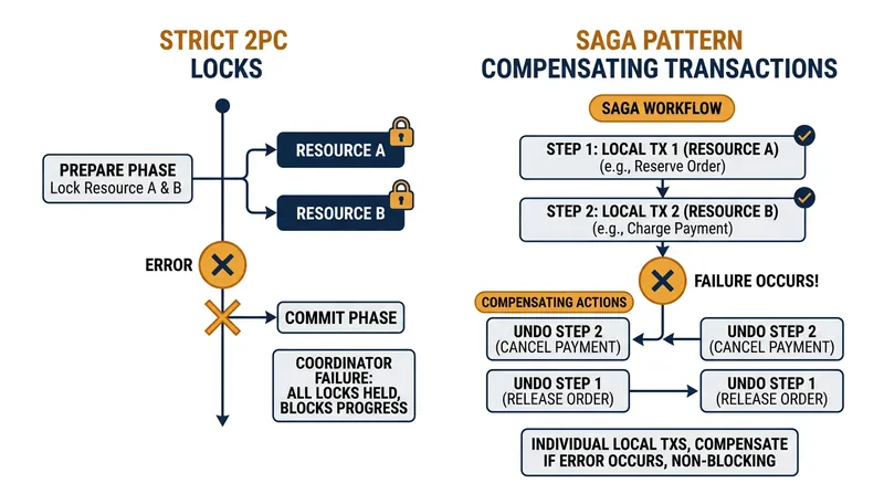 Modern microservices often replace two-phase commits with the Saga pattern, trading strict consistency for better performance.
