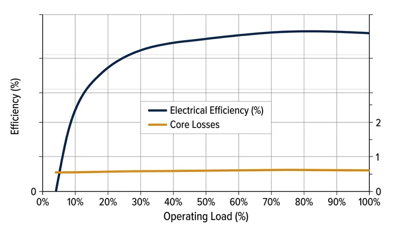 Because core magnetic losses remain fixed, operating a reversible pump-turbine at partial load disproportionately degrades its electrical efficiency.