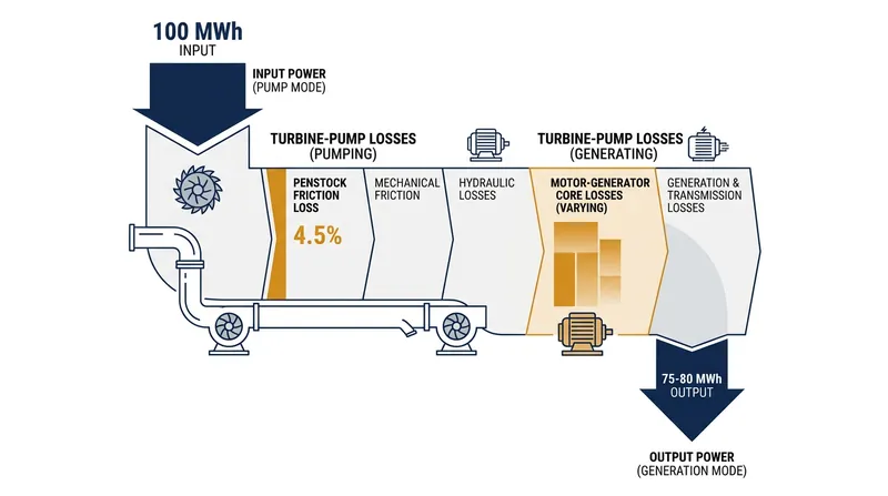 Hydraulic friction and electrical resistance account for the vast majority of the energy lost during a pumped hydro cycle.