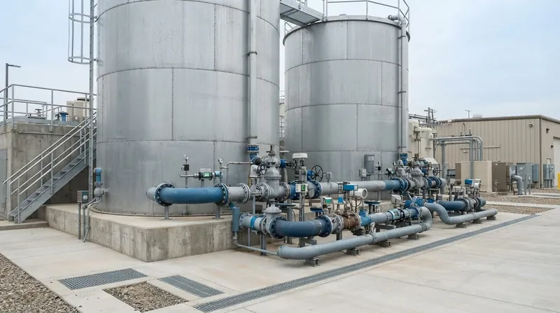 A massive industrial water storage tank facility at dawn, featuring steel cylindrical tanks with external piping.