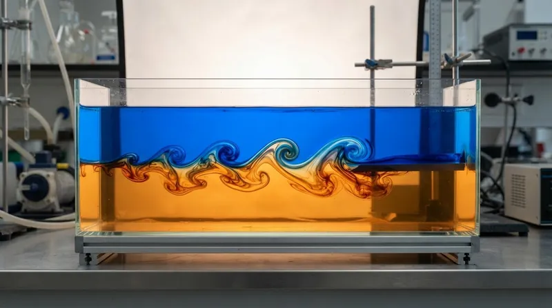 Illustration: Kelvin-Helmholtz waves form when velocity shear overcomes buoyancy, driving the physical mixing of the tank.