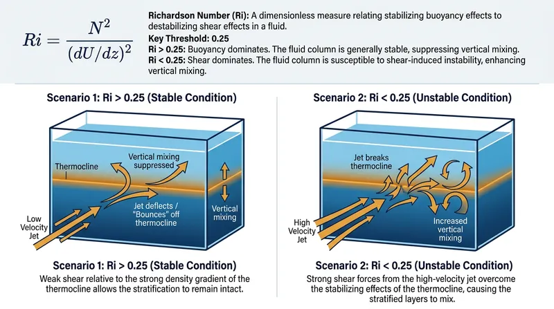 When the Richardson number exceeds 0.25, the inlet jet lacks the kinetic energy to break the thermocline.