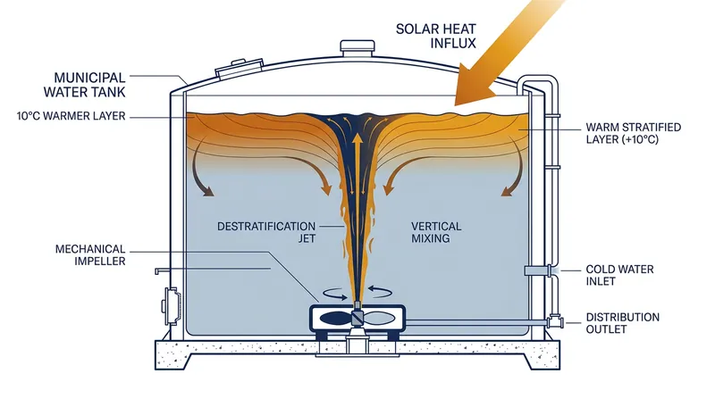 Municipal tanks often require active mechanical mixing to defeat stratification and prevent biological growth.