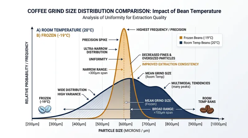 Beans chilled past their glass transition temperature shatter cleanly, producing a significantly narrower particle size distribution.