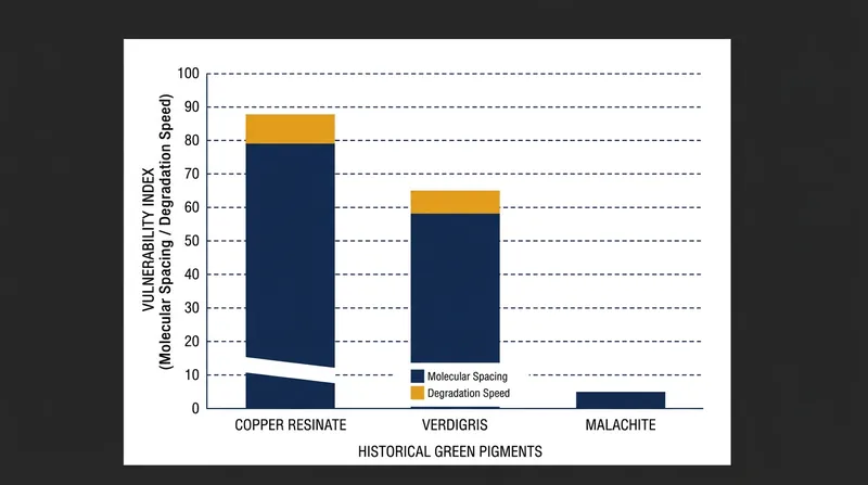 The wide molecular spacing of copper resinate makes it uniquely vulnerable to rapid saponification compared to denser mineral greens.