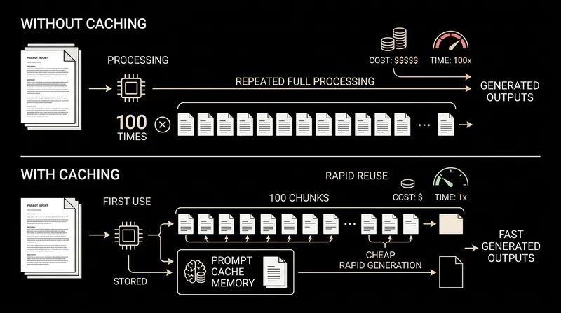 Prompt caching makes the architecture financially viable by eliminating redundant processing of the source document.