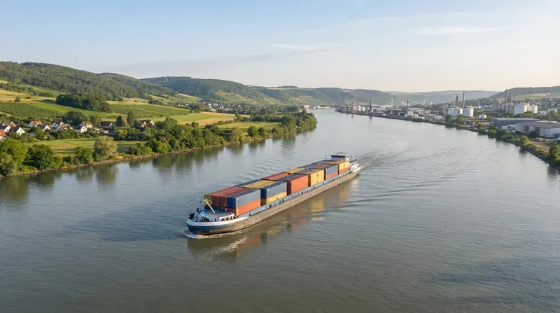 Several long commercial freight barges carrying bulk cargo navigate a wide section of the Rhine river under a clear sky.