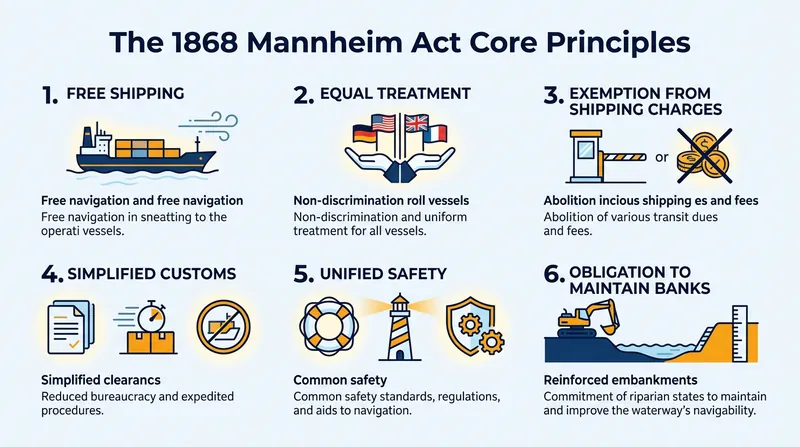 The six core principles established by the Revised Convention for Rhine Navigation.