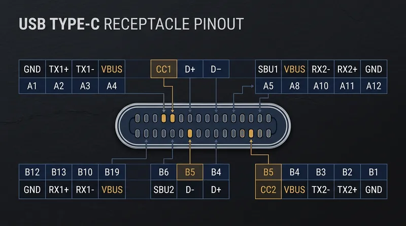 The CC1 and CC2 pins sit at positions A5 and B5 on the receptacle.