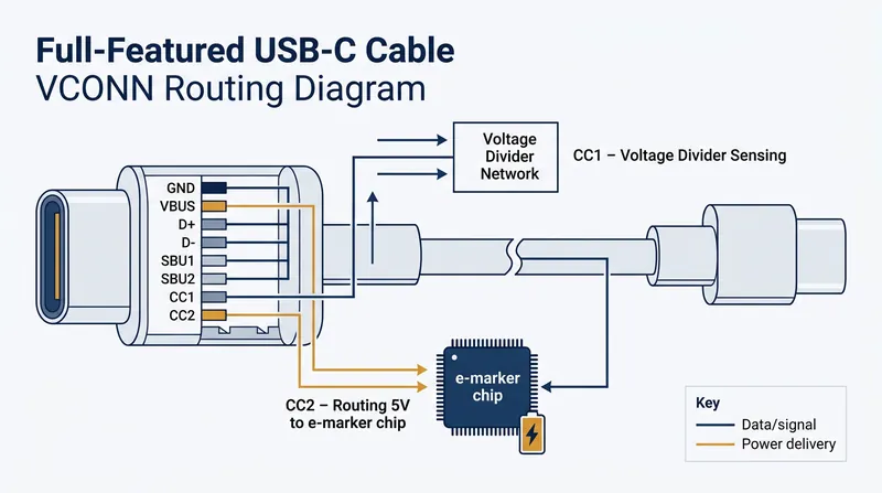 The unused CC pin is repurposed as VCONN to power active cable electronics.