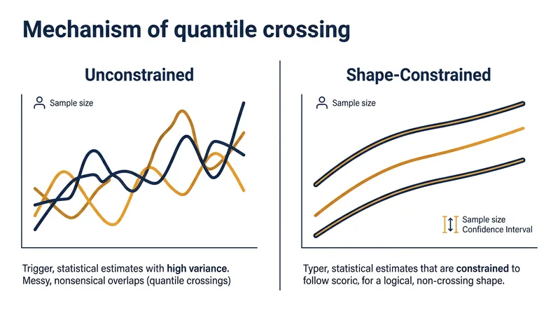 Unconstrained additive models allow percentiles to cross where data is sparse, while shape constraints force logical consistency.