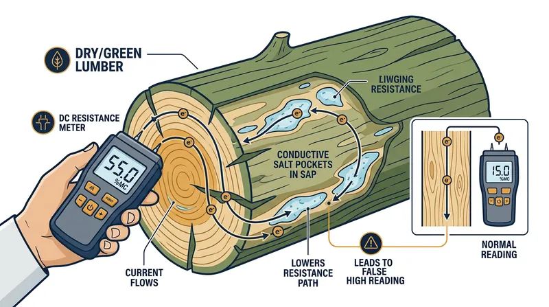 Resistance meters mistake conductive sap salts for water, artificially inflating the moisture reading.