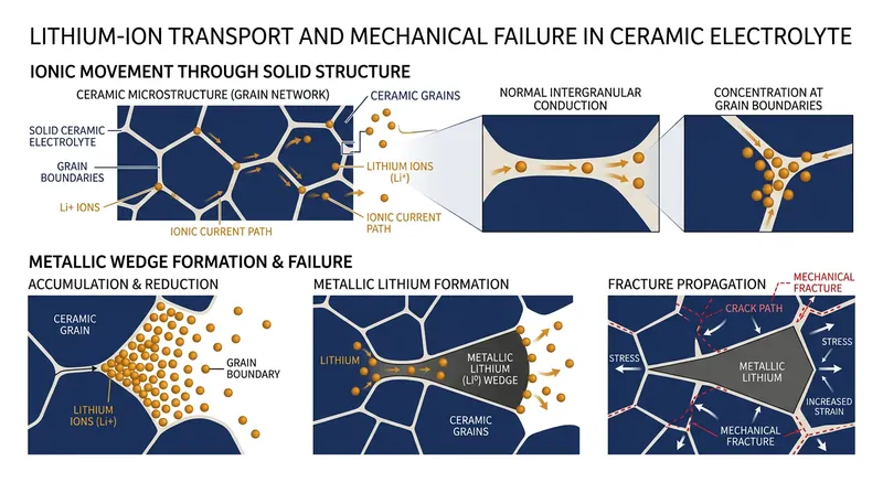 When charging speeds exceed the ceramic's limits, lithium ions pile up at grain boundaries and form metallic wedges.