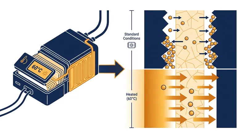 Pre-heating the battery pack to 60 degrees Celsius increases ion mobility, allowing the ceramic to accept a faster charge without cracking.