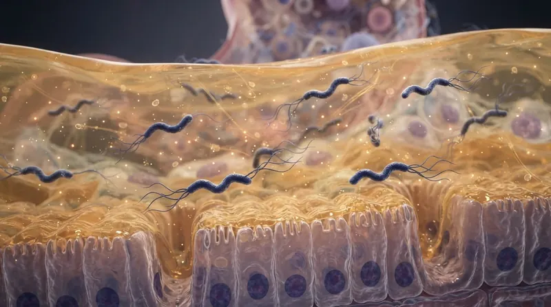 Illustration: The bacteria must cross the highly acidic mucus layer to anchor themselves safely to the epithelial cells.
