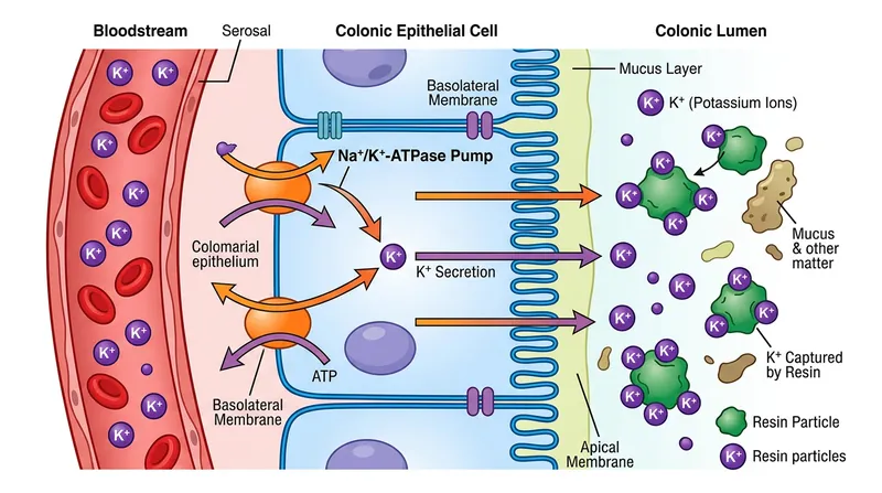 Specialized cells in the colonic lining actively pump potassium into the gut lumen.