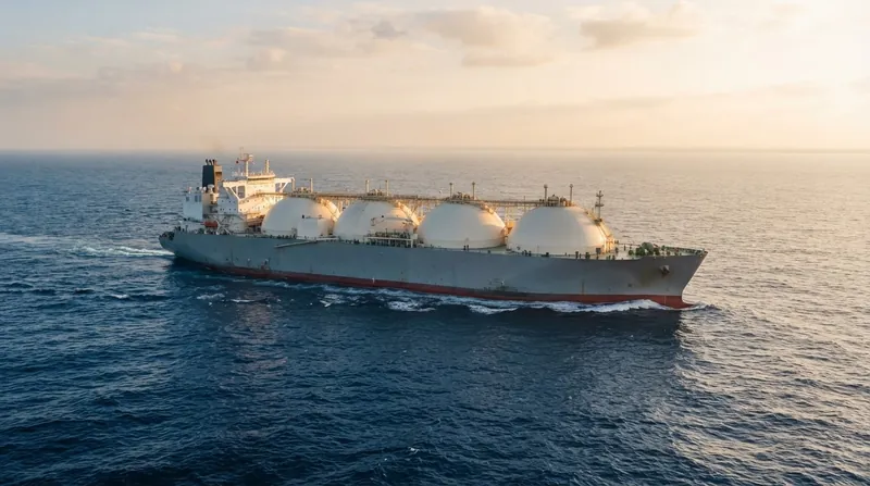 A large liquefied natural gas tanker navigating open ocean waters under overcast skies.
